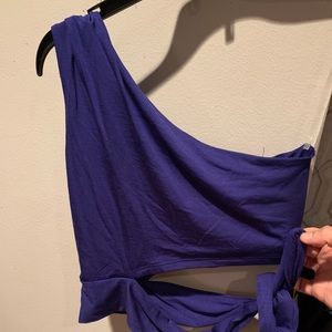 one shoulder purple crop tied to the side